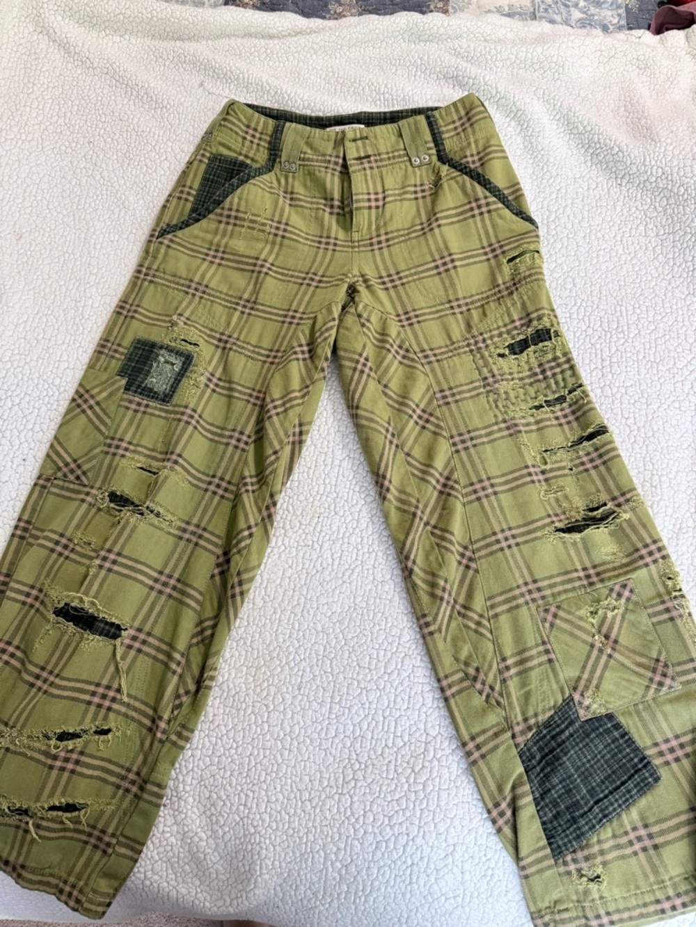 We The Free Warwick craft Olive Plaid Cargo Pants with Distressed Patchwork